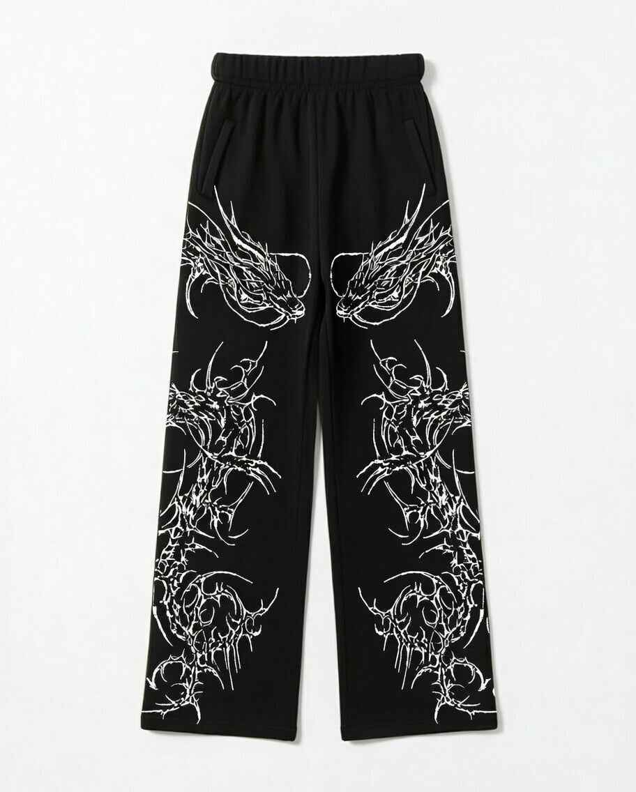 Feather Wings Dragon Baggy Sweatpants – Black Heavyweight Cotton