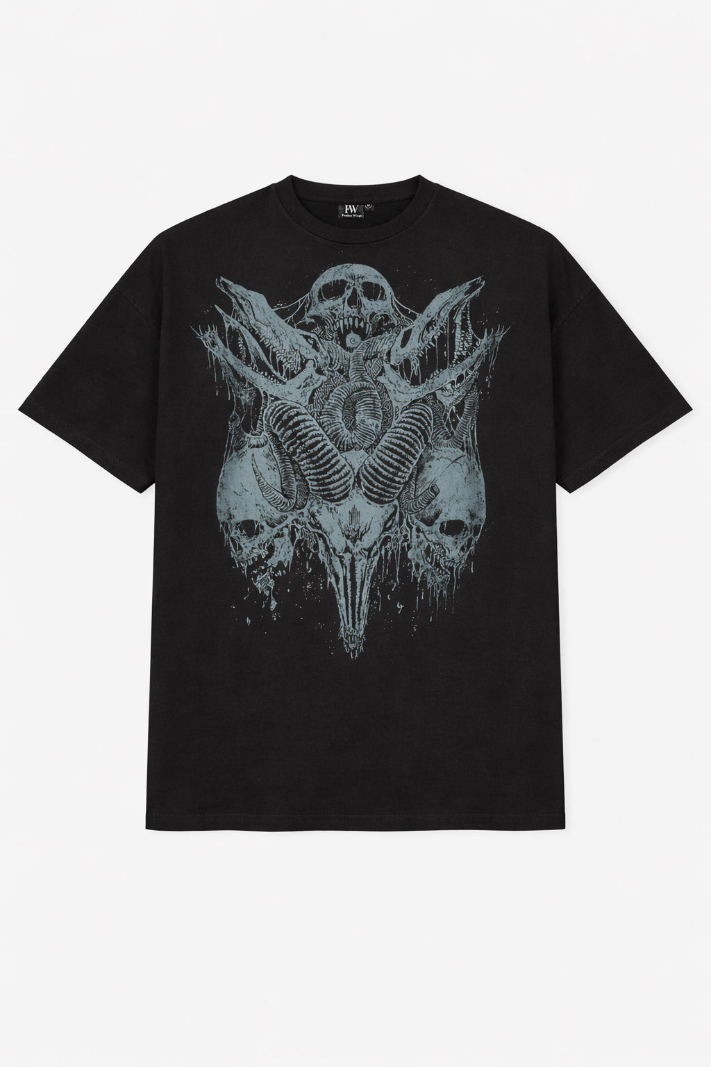Black Abyss Horn-Skull t-shirt with a on a white background