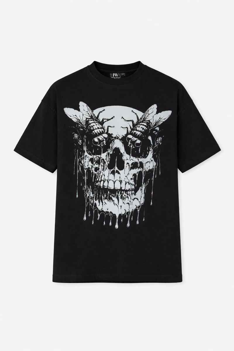 Feather Wings Decay Skull T-Shirt – Black color 100% Cotton