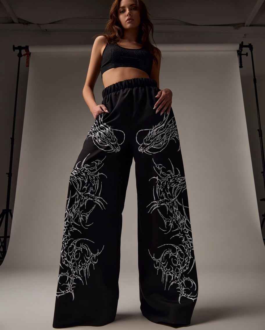 Feather Wings Dragon Baggy Sweatpants – Black Heavyweight Cotton