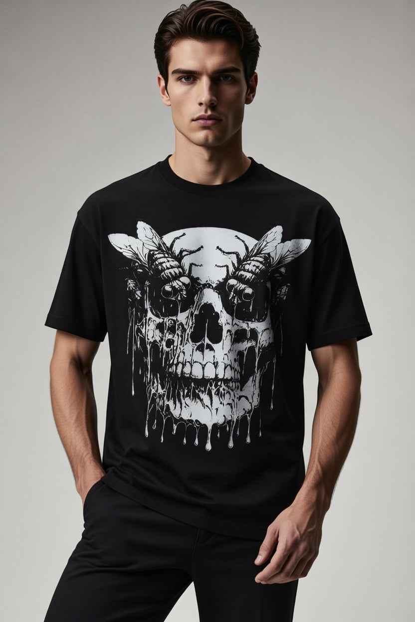 Model wearing Feather Wings Decay Skull T-Shirt – Black color 100% Cotton