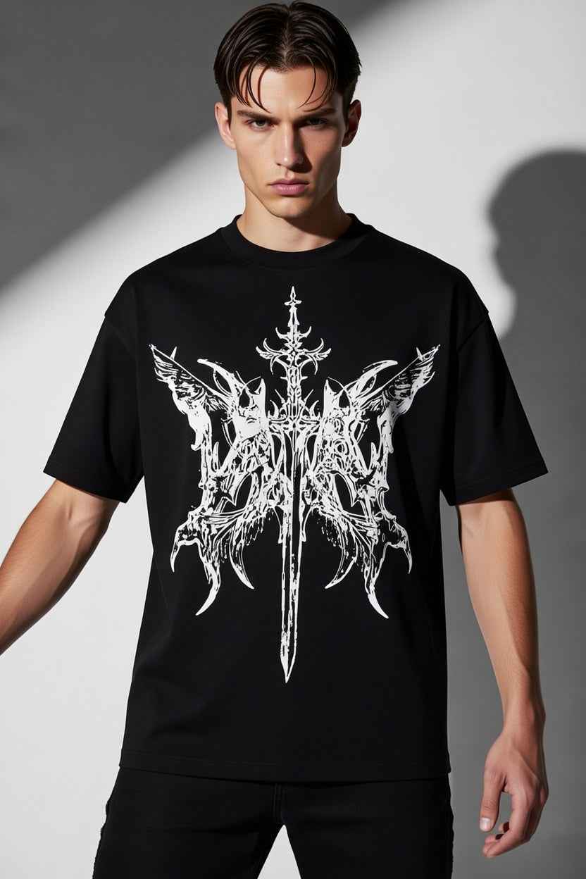 Model wearing Feather Wings Fallen Blade T-Shirt – Black color 100% Cotton