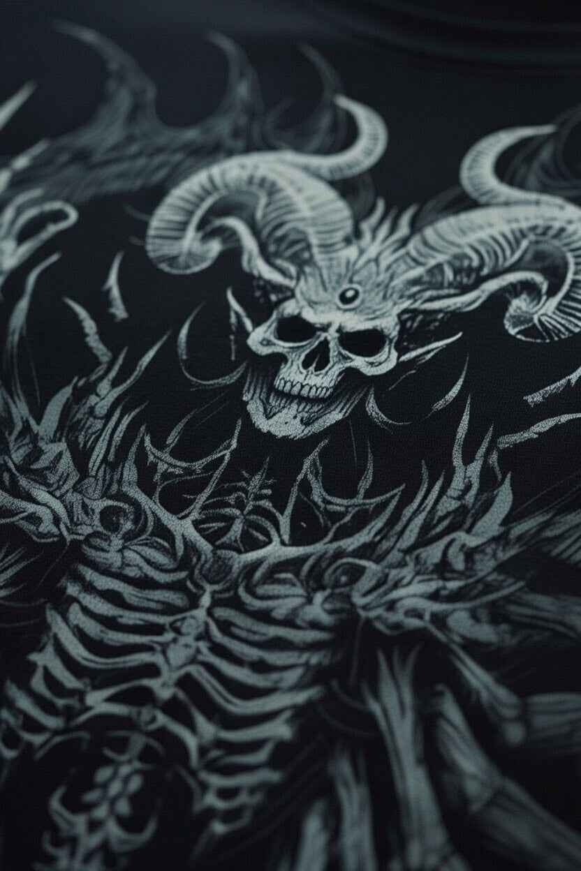 Close up of Feather Wings Infernal Seraph T-Shirt – Black color 100%Cotton