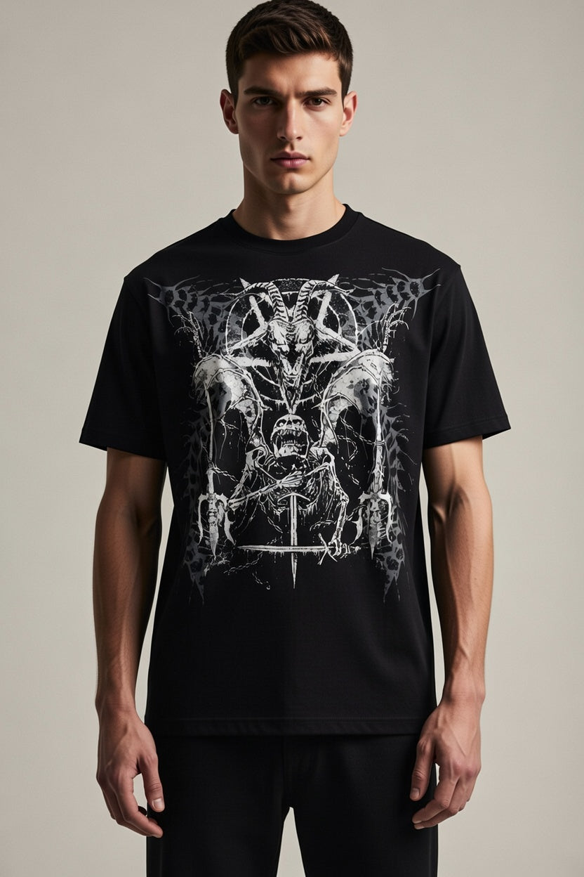 male model wearing a black t-shirt with a white demonic graphic design on a plain background