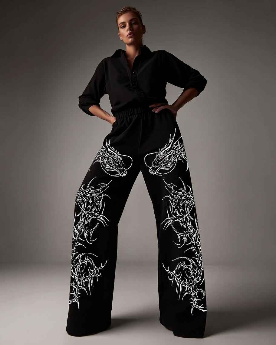 Feather Wings Dragon Baggy Sweatpants – Black Heavyweight Cotton