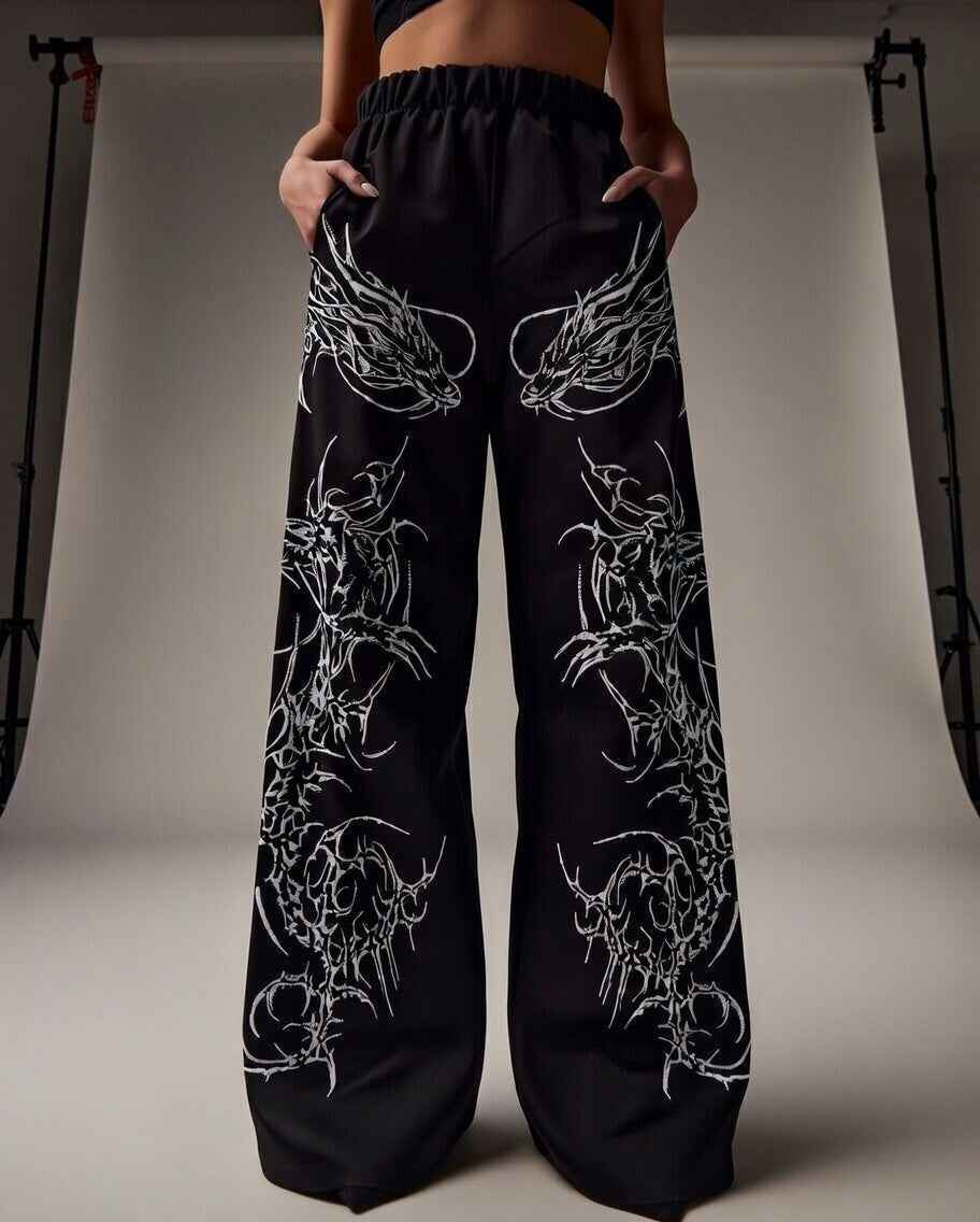 Feather Wings Dragon Baggy Sweatpants – Black Heavyweight Cotton