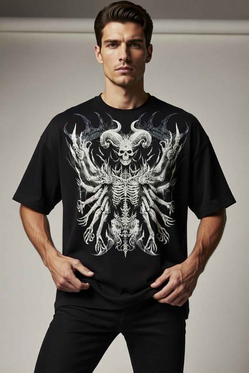 Model wearing Feather Wings Infernal Seraph T-Shirt – Black 100% Cotton 
