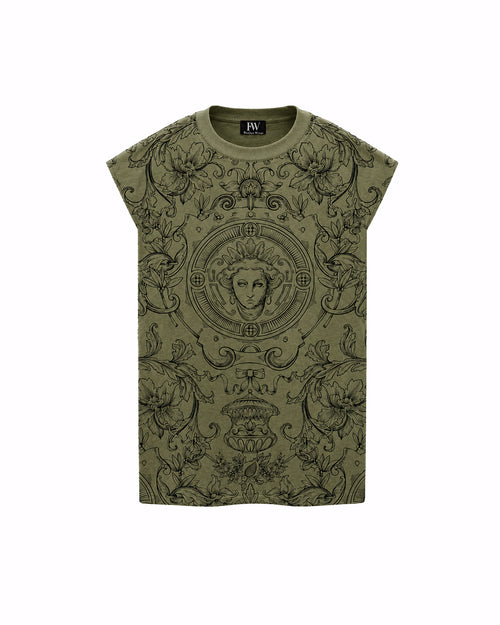 An olive green short-sleeve t-shirt with a black ornate baroque-style print featuring a Medusa head motif in the center, displayed flat against a white background.