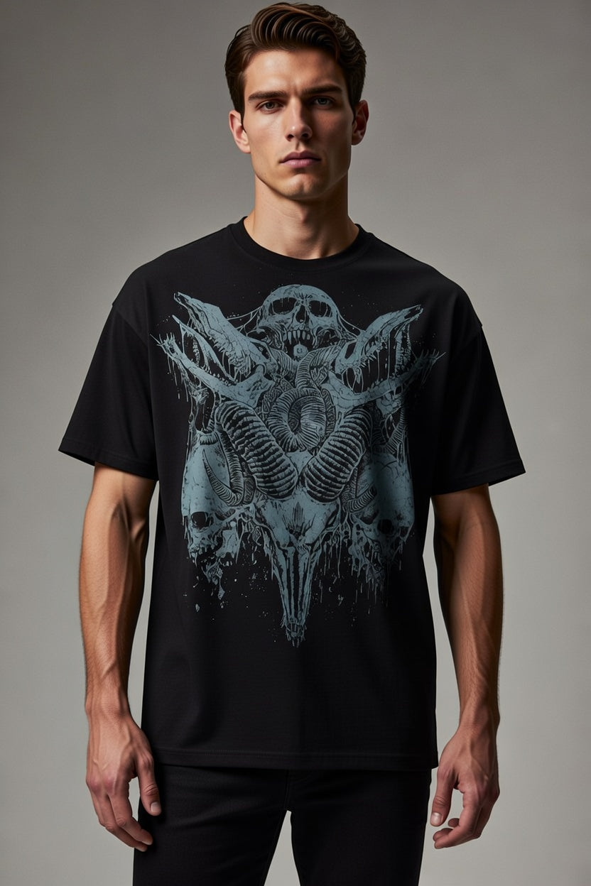 Model wearing  Abyss Horn-Skull Black t-shirt with a on a white background