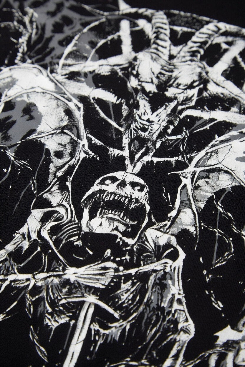 Close up of Black and white illustration of a demonic figure with horns on a dark background