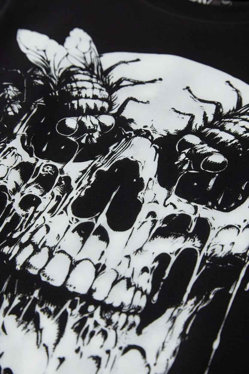 Close up of Feather Wings Decay Skull T-Shirt – Black color 100% Cotton