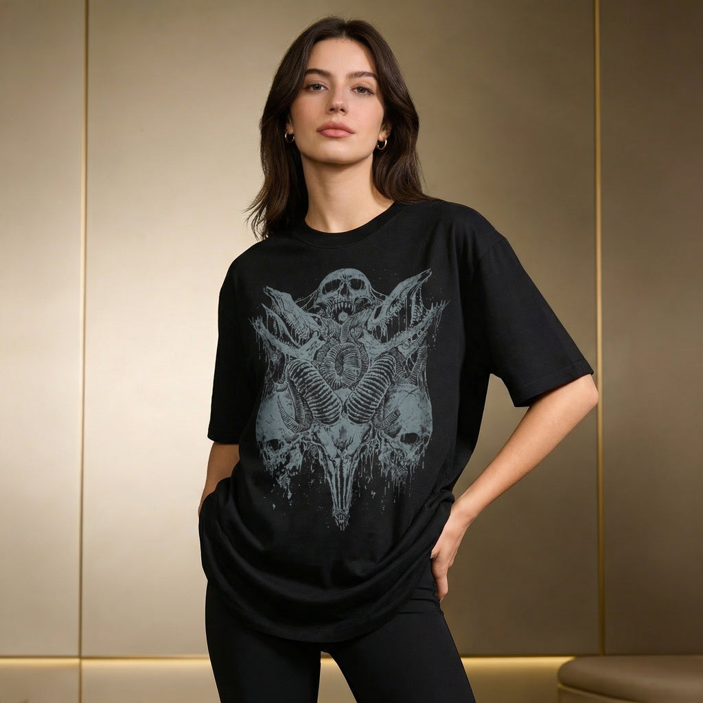 Abyss horn-skull T-Shirt 100% Organic Heavyweight Cotton female model