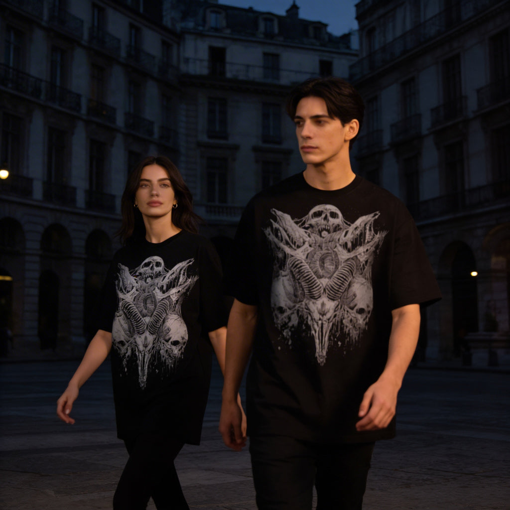 Two people wearing black t-shirts with a white graphic design in an urban setting.