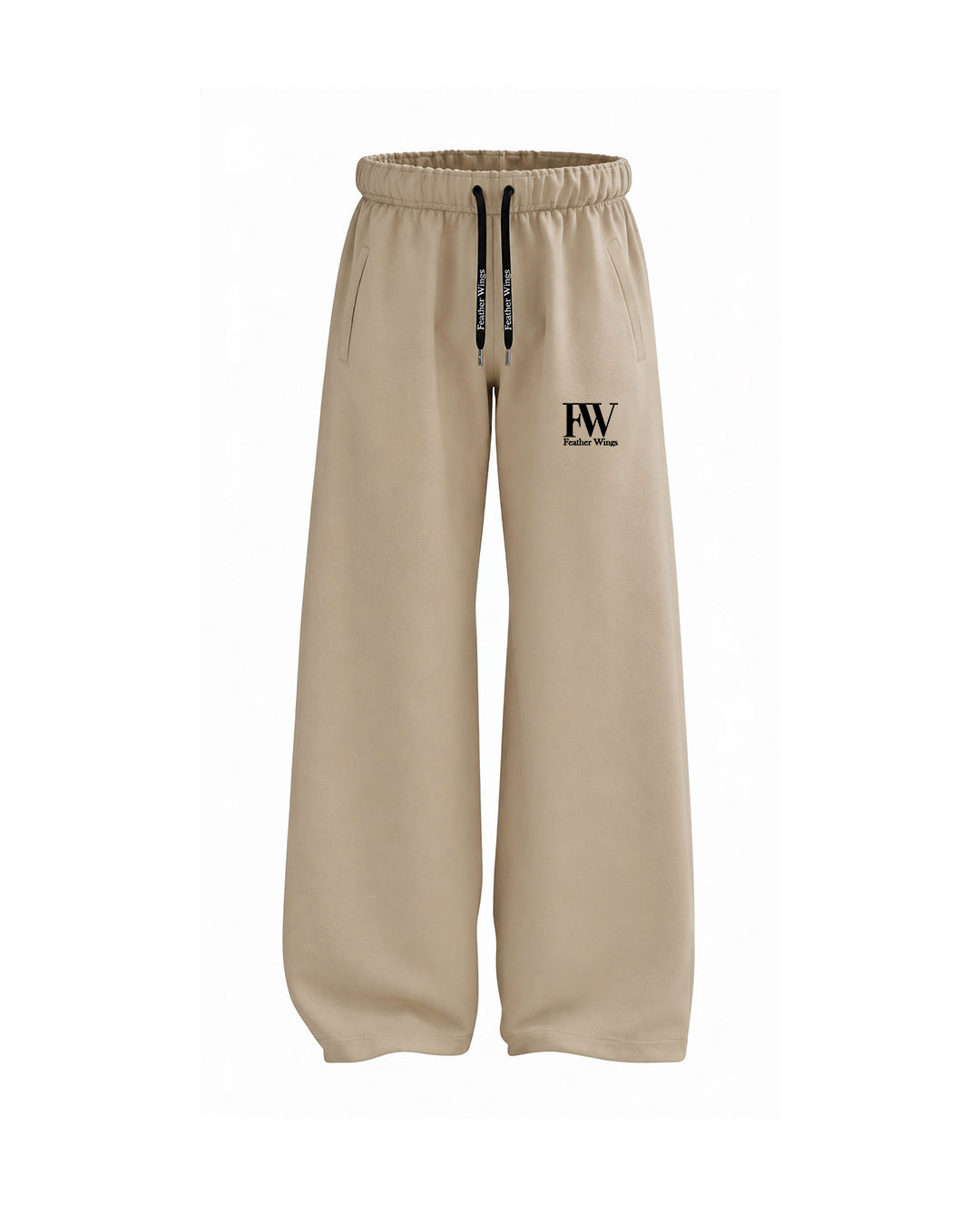 Beige wide-leg sweatpants with a black drawstring and a black 'FW' logo on the left thigh, shown against a plain white background.