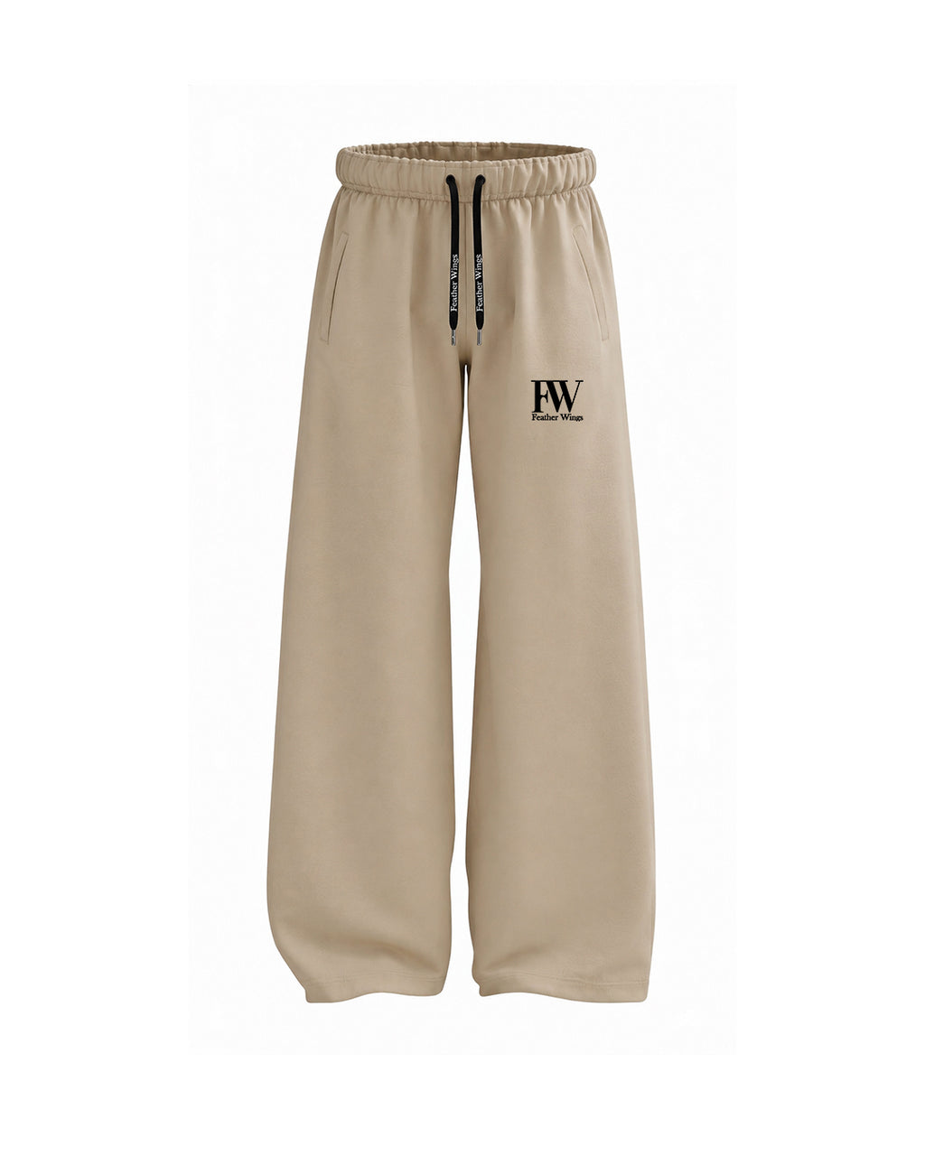 Beige wide-leg sweatpants with a black drawstring and a black 'FW' logo on the left thigh, shown against a plain white background.