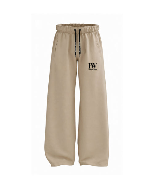 Beige wide-leg sweatpants with a black drawstring and a black 'FW' logo on the left thigh, shown against a plain white background.