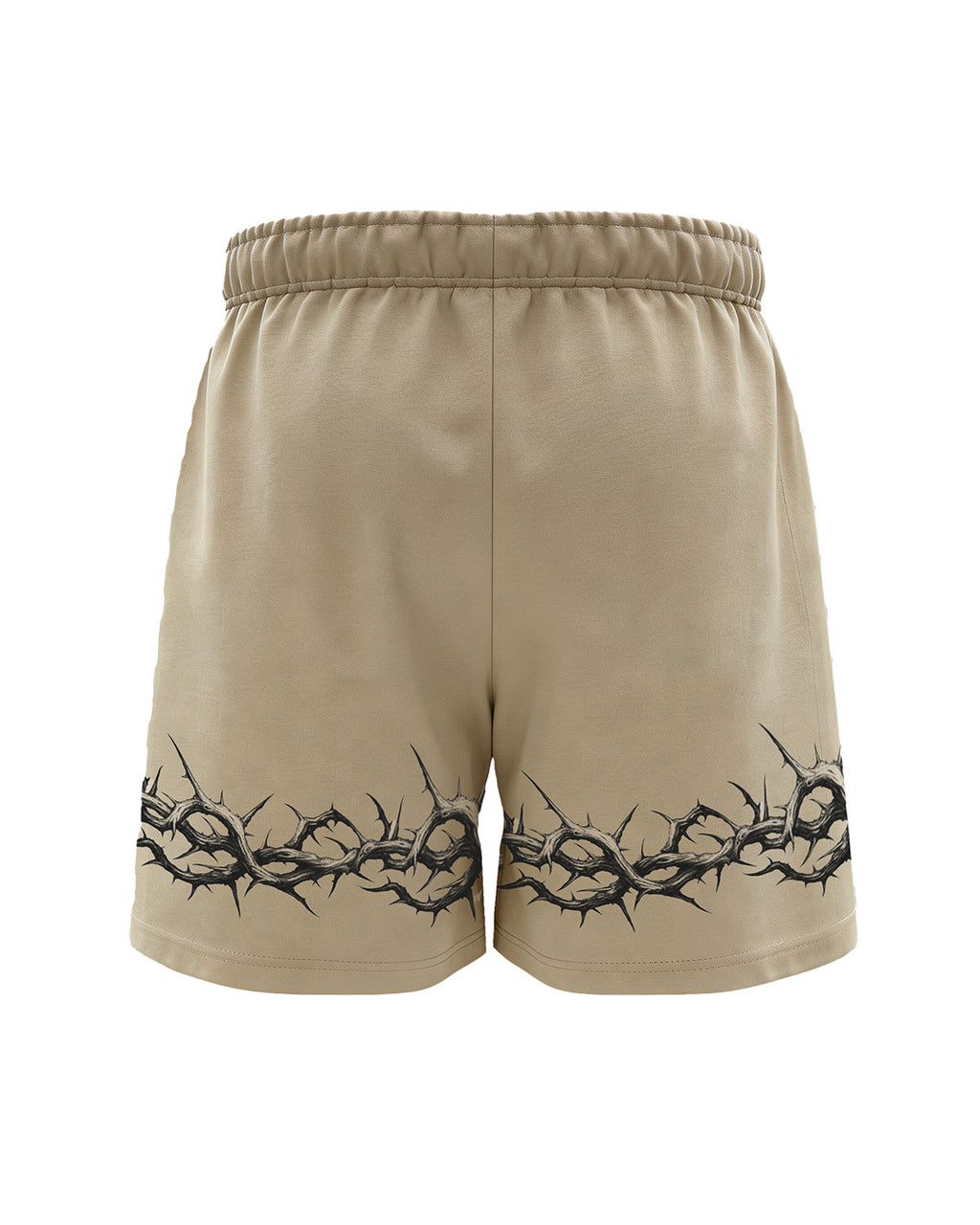 Beige athletic shorts with a black thorny crown of thorns graphic printed along the bottom hem, shown against a plain white background.