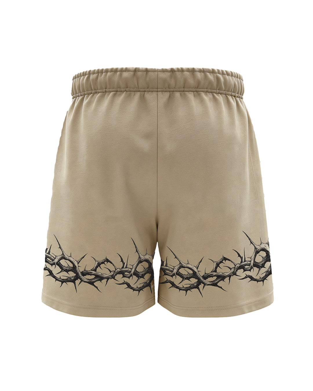 Beige athletic shorts with a black thorny crown of thorns graphic printed along the bottom hem, shown against a plain white background.