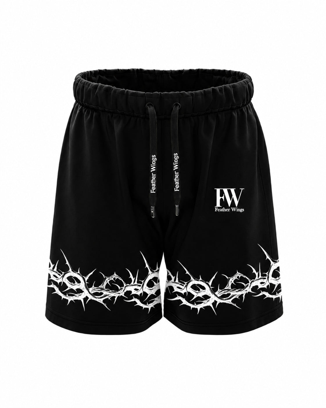 Black athletic shorts with a white barbed wire graphic along the bottom hem, a white 'FW' logo with 'Feather Wings' text on the right leg, and matching white text on the drawstrings, shown against a plain white background.