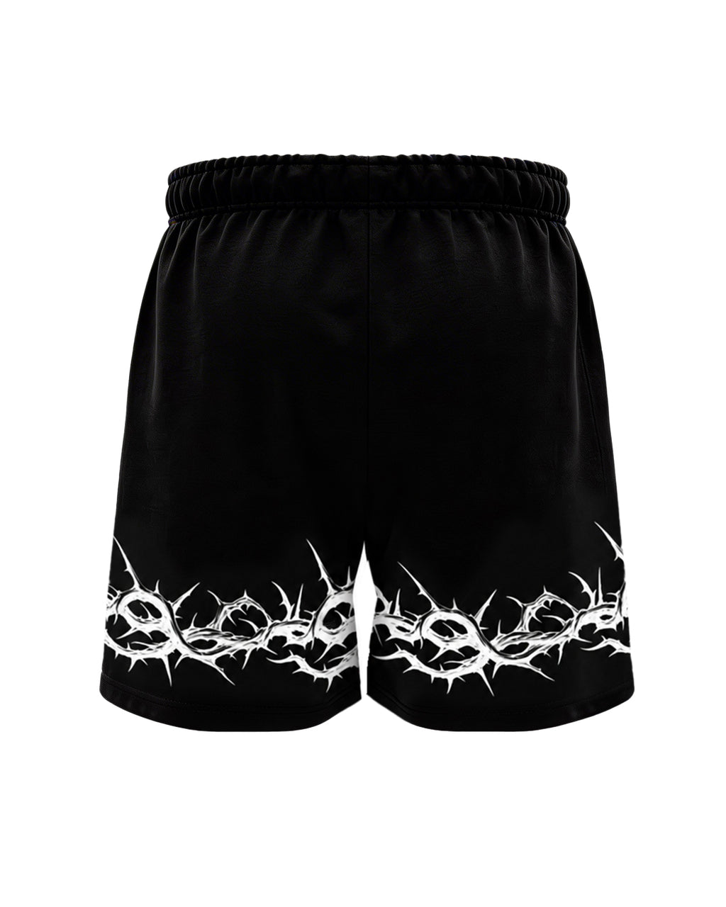 Black athletic shorts featuring a white thorny crown of thorns graphic printed along the bottom hem, displayed against a solid white background.