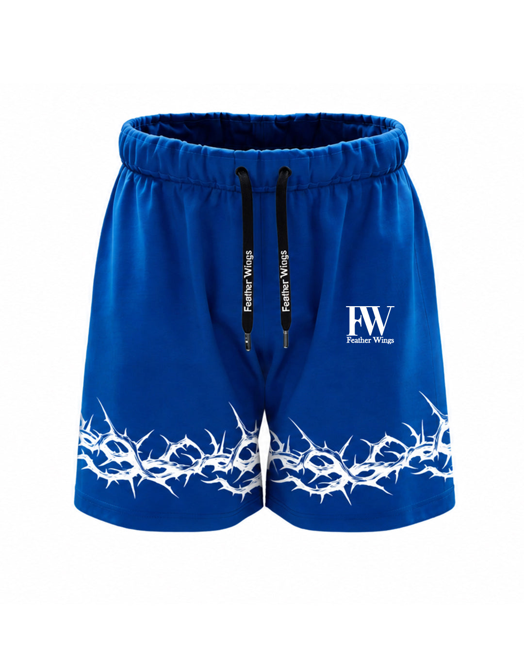 Blue athletic shorts with a white thorny graphic along the hem, featuring a white 'FW' logo and 'Feather Wings' text on the right leg, and black drawstrings with vertical branding.
