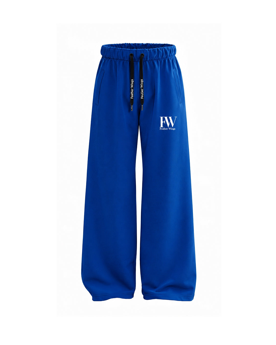 Royal blue wide-leg sweatpants with an elastic waistband, black drawstrings, and a white 'FW' logo on the left thigh, shown against a plain white background.