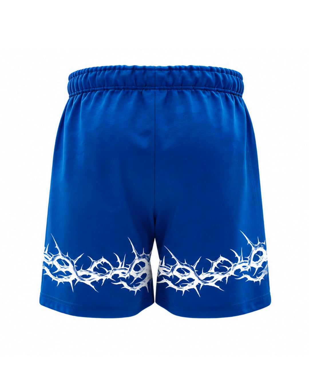 Blue athletic shorts with a white thorny border print along the bottom hem, shown against a plain white background.