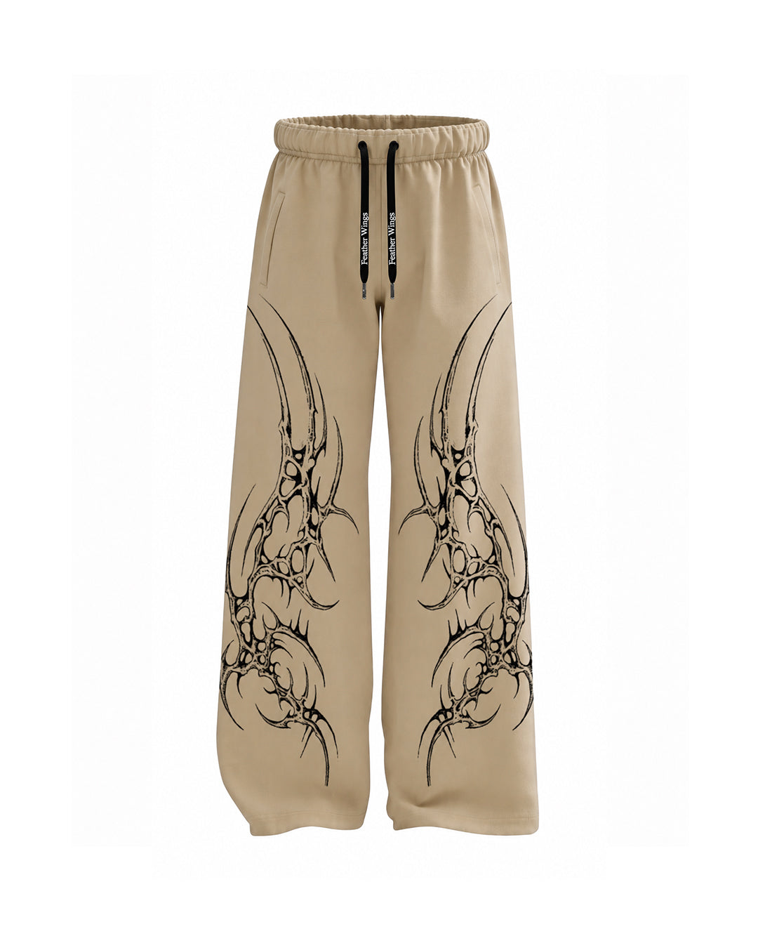 Beige wide-leg sweatpants with black tribal-style graphic prints on both legs and a black drawstring waist, shown against a plain white background.