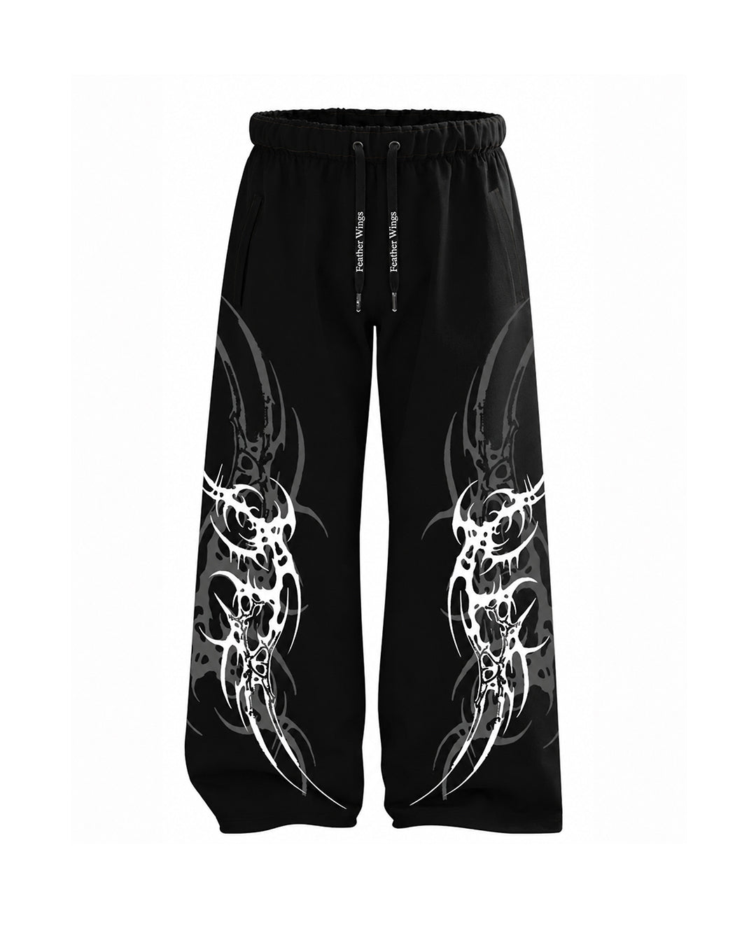 Black wide-leg sweatpants with white tribal-style graphic prints on both legs and a black drawstring waist, shown against a plain white background.