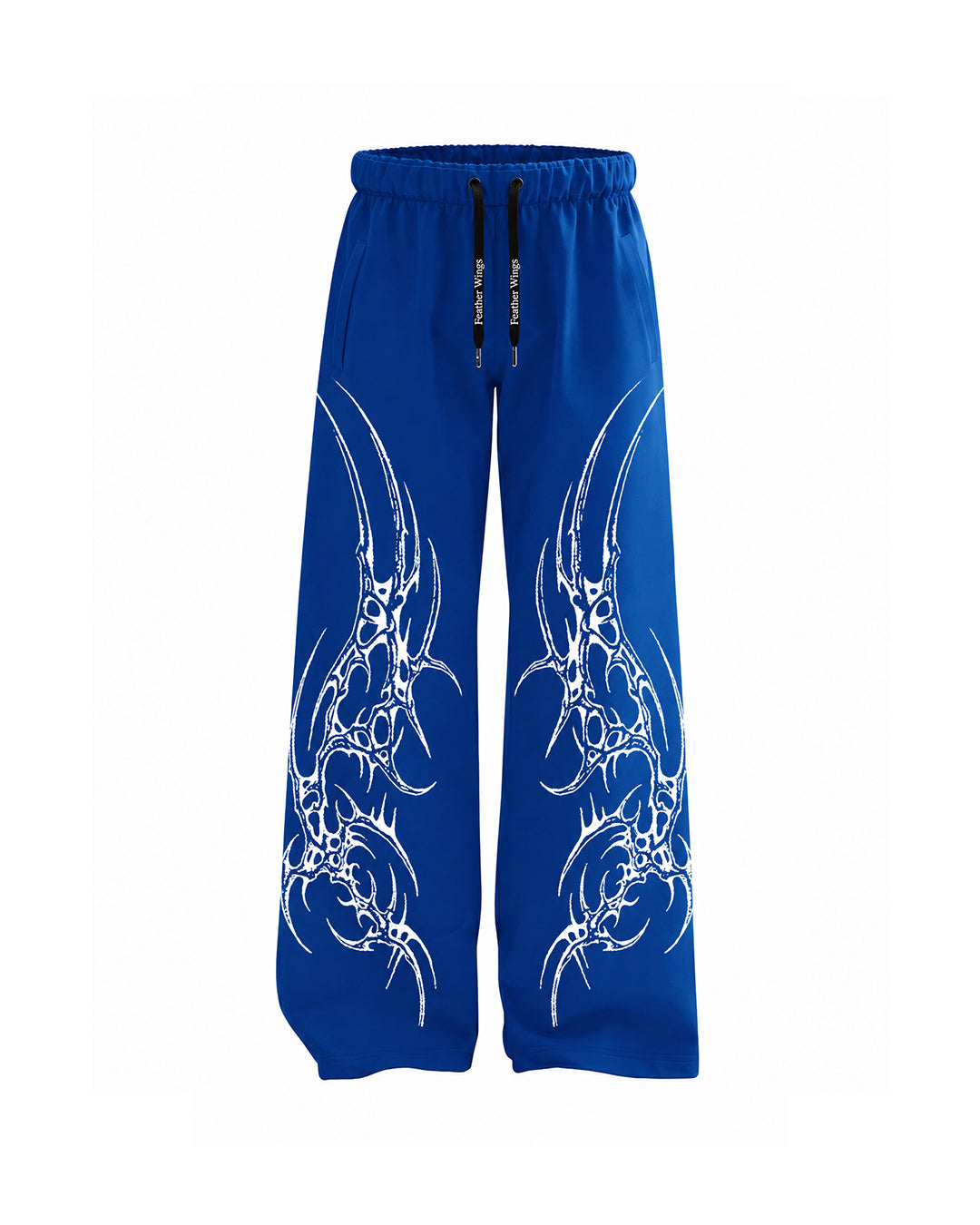 Blue wide-leg sweatpants with a white tribal graphic print on both legs and a black drawstring waist, shown against a plain white background.
