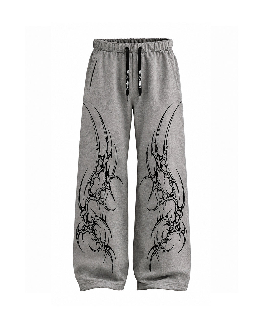  gray sweatpants with a black tribal choas graphic printed down both legs, featuring an elastic waistband and black drawstrings.