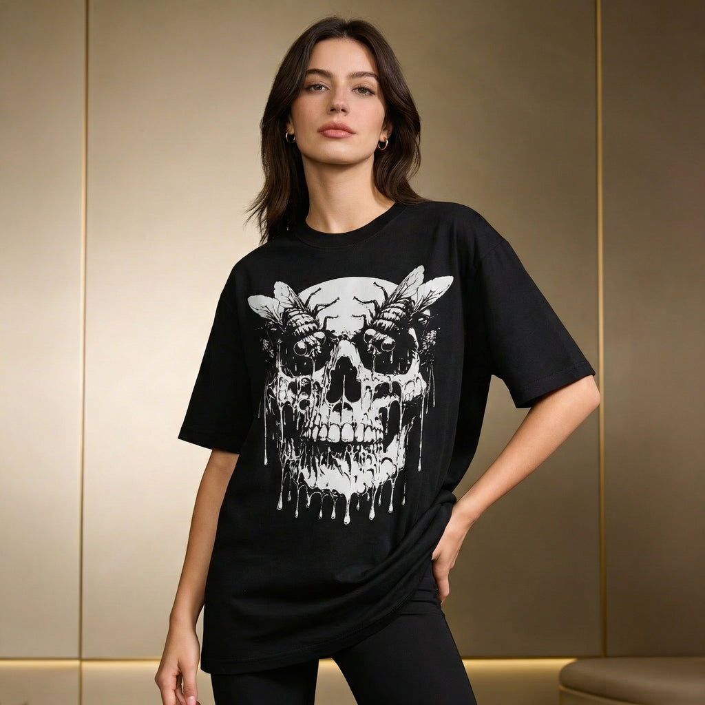 feather wings Decay skull T-Shirt 100% Organic Heavyweight Cotton female model
