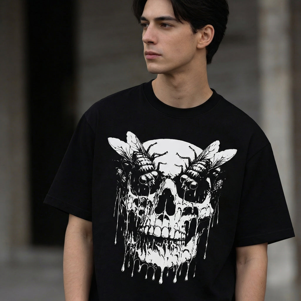 feather wings Decay skull T-Shirt 100% Organic Heavyweight Cotton male model