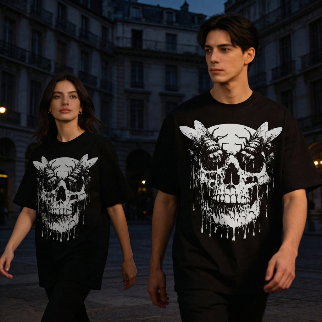 feather wings Decay skull T-Shirt 100% Organic Heavyweight Cotton models
