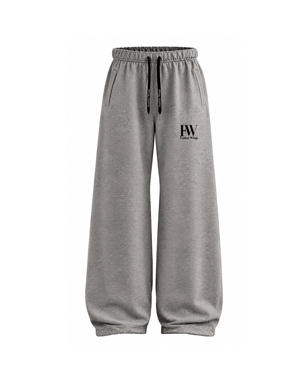 Gray sweatpants with an elastic waistband, black drawstrings, side pockets, and a small black 'FW' logo on the left thigh, shown against a plain white background.