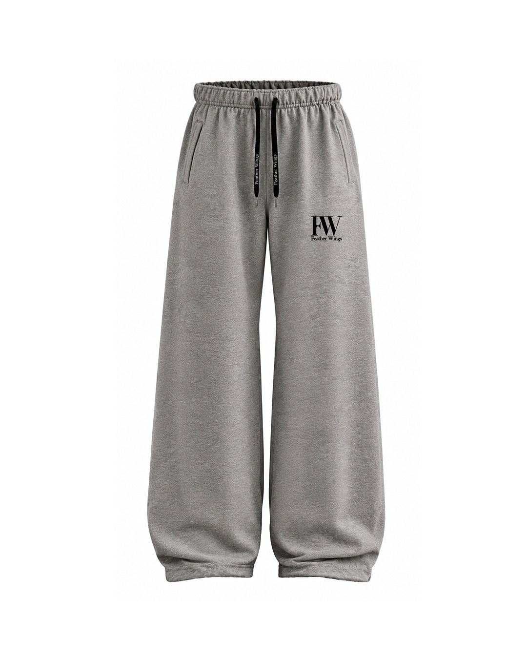Gray sweatpants with an elastic waistband, black drawstrings, side pockets, and a small black 'FW' logo on the left thigh, shown against a plain white background.