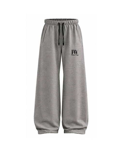 Gray sweatpants with an elastic waistband, black drawstrings, side pockets, and a small black 'FW' logo on the left thigh, shown against a plain white background.