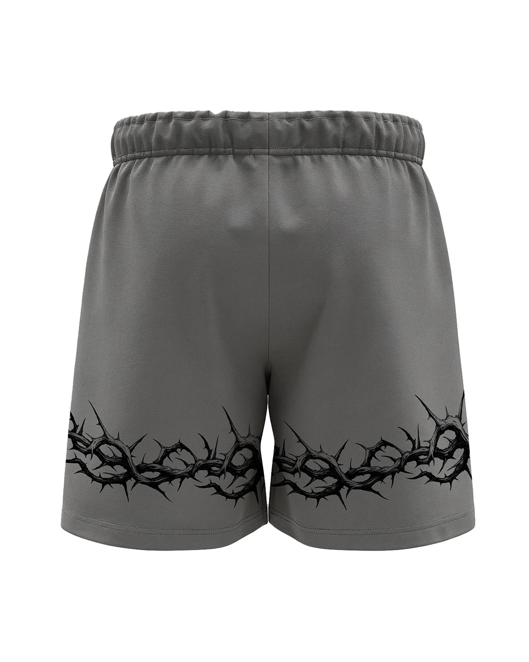 Gray athletic shorts with a black thorny crown-of-thorns graphic printed along the lower hem, shown against a plain white background.
