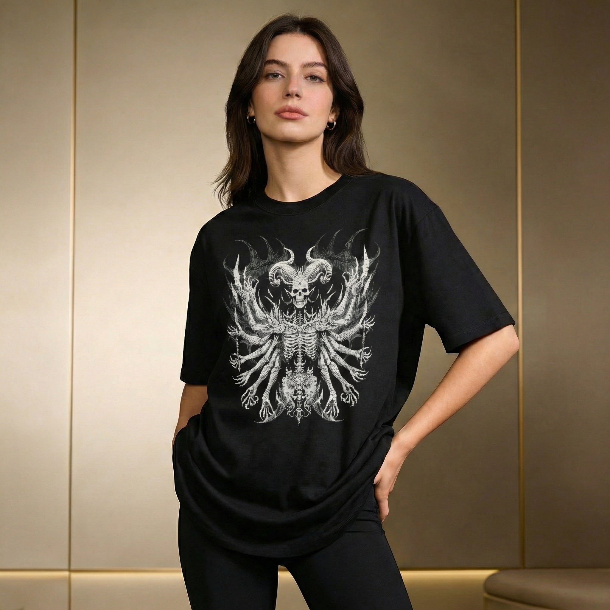 feather wings Infernal Seraph T-Shirt 100% Organic Heavyweight Cotton female model